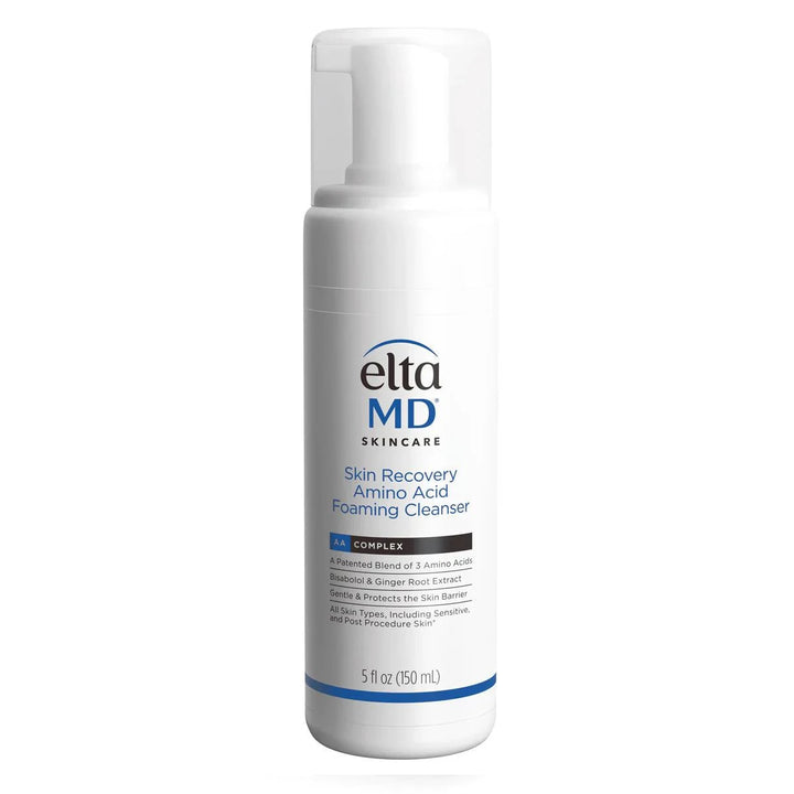 EltaMD Skin Recovery foaming cleanser in a white pump bottle with blue label and amino acid formula