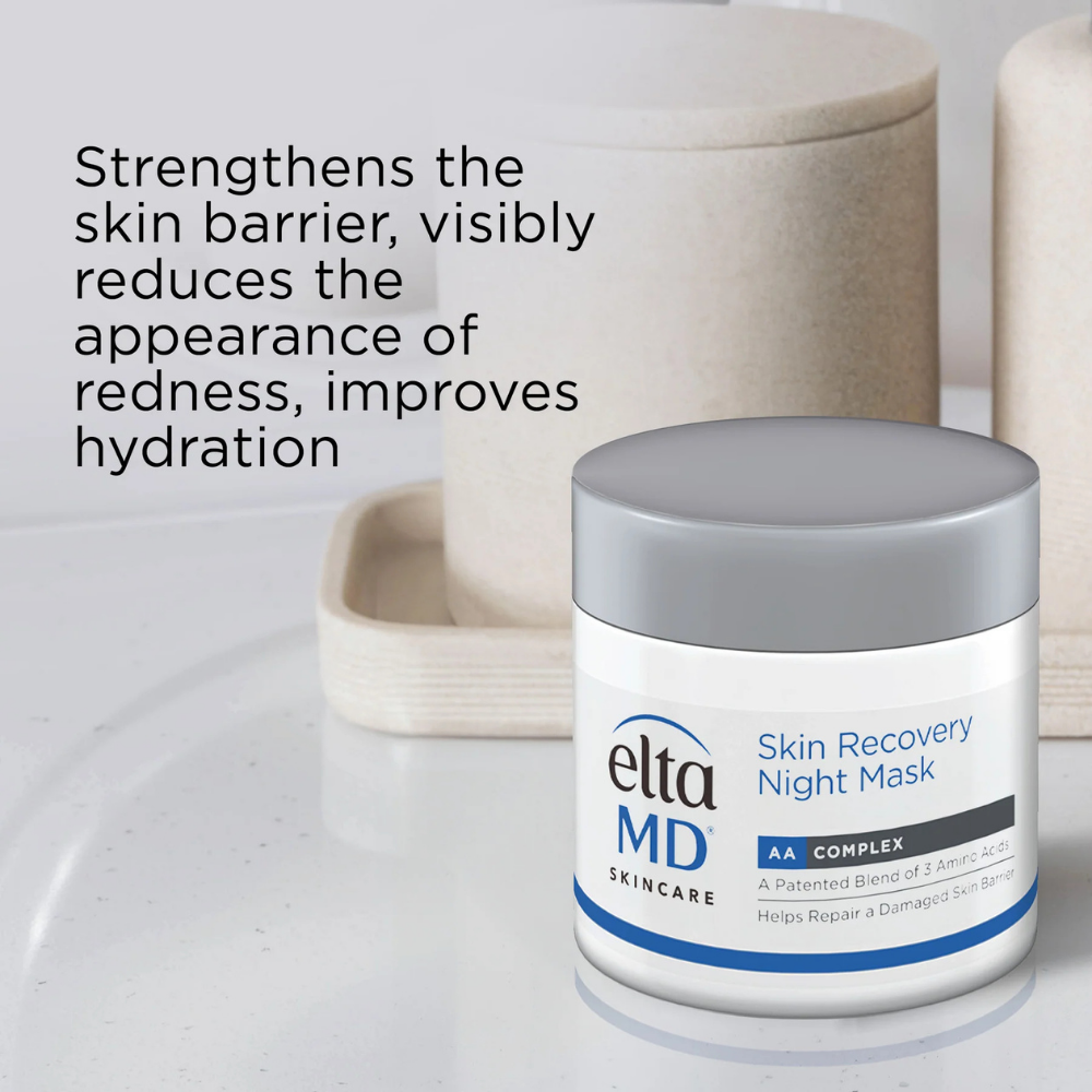 EltaMD Skin Recovery Night Mask in a white jar with silver lid and blue-and-black label