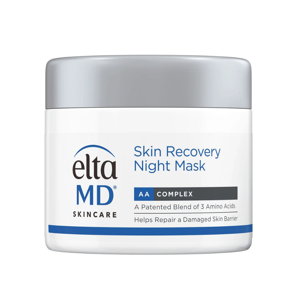 EltaMD Skin Recovery Night Mask in a white jar with silver lid, blue accents, and AA Complex label