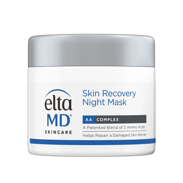 EltaMD Skin Recovery Night Mask in a white jar with silver lid, blue accents, and AA Complex label