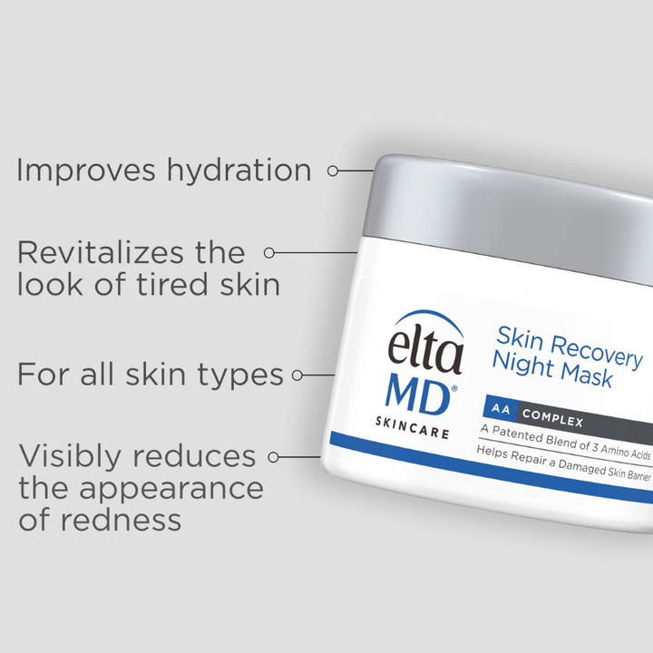 EltaMD Skin Recovery Night Mask in a white jar with blue branding and AAComplex label