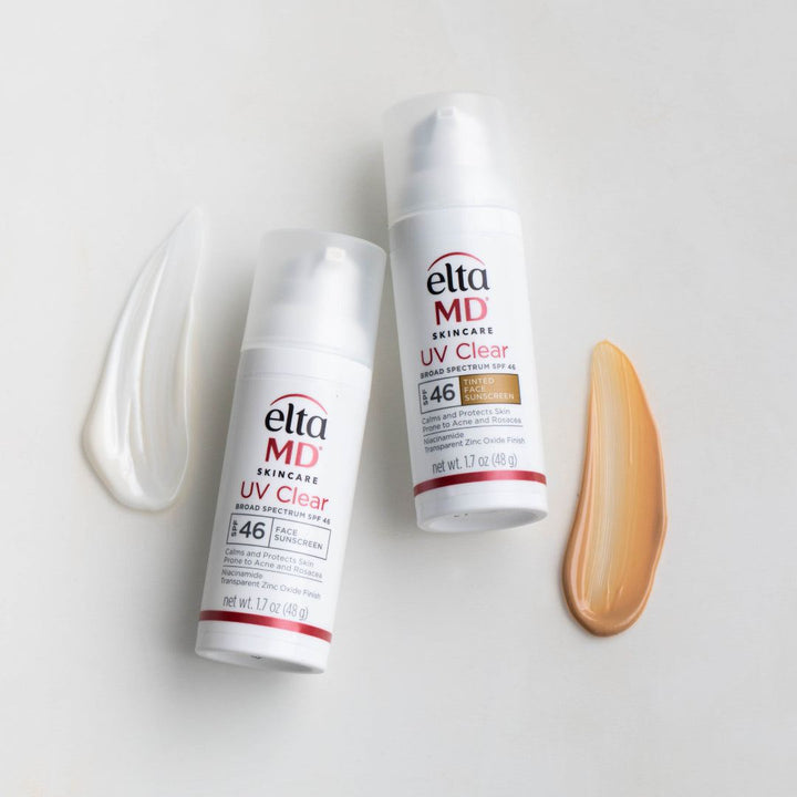EltaMD UV Clear SPF 46 facial sunscreen in white pump bottles with clear and tinted cream swatches