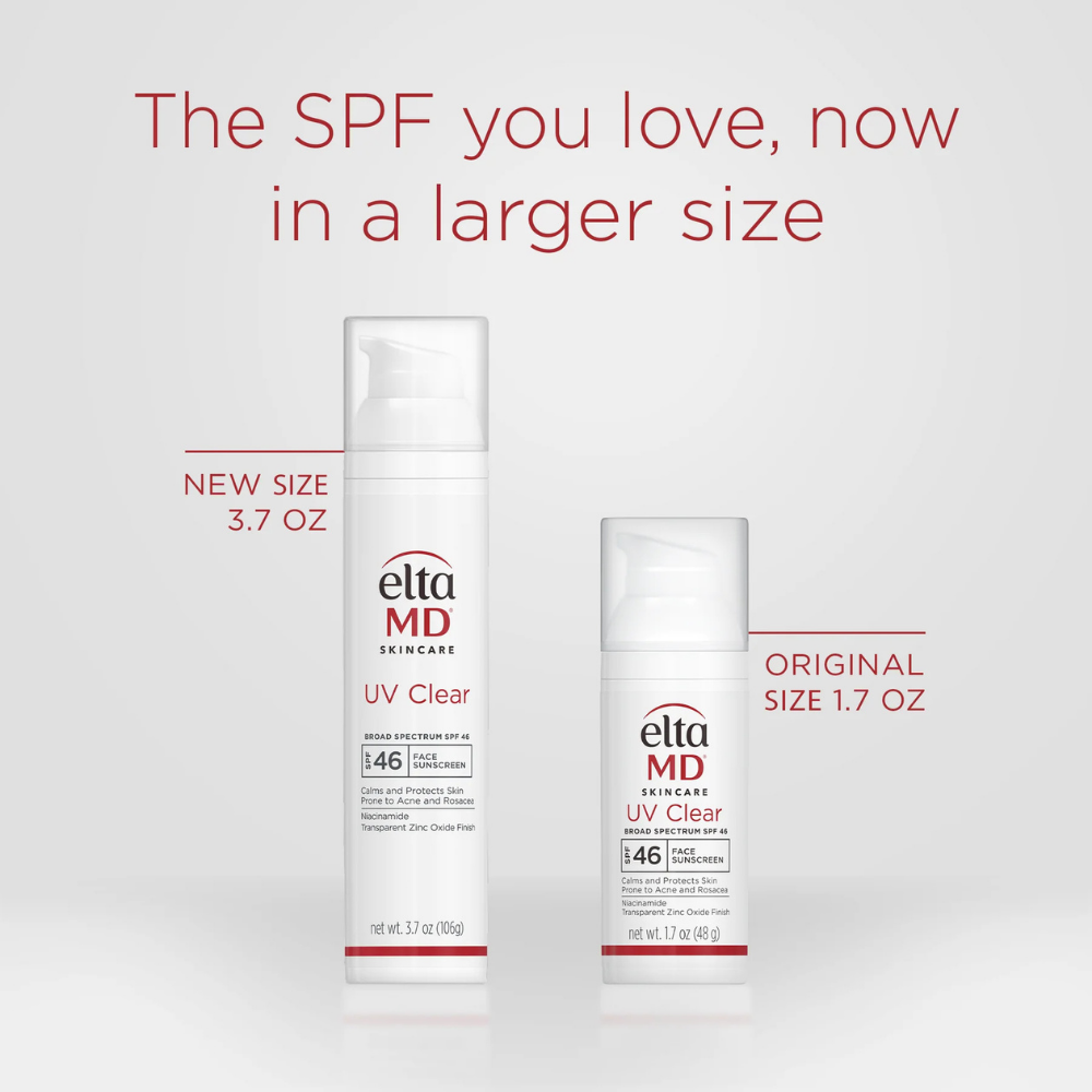 EltaMD UV Clear SPF 46 facial sunscreen bottles in white packaging, showing original and larger 3.7 oz sizes