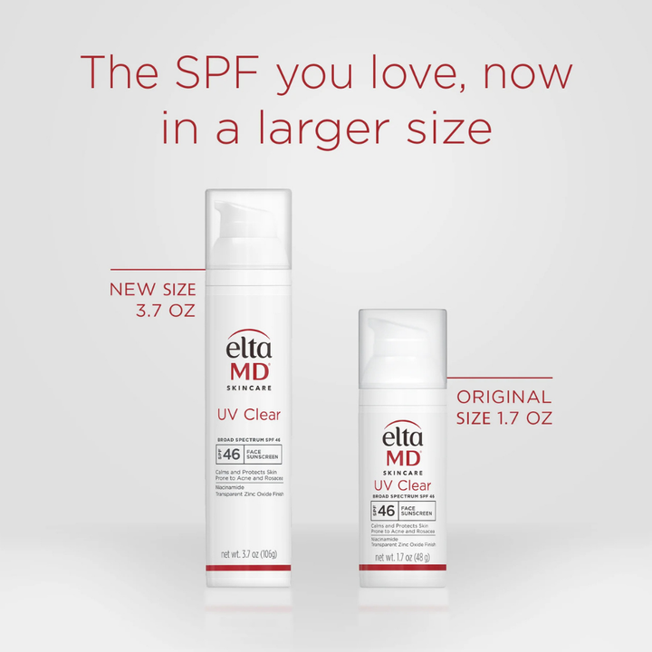 EltaMD UV Clear SPF 46 facial sunscreen bottles in white packaging, showing original and larger 3.7 oz sizes