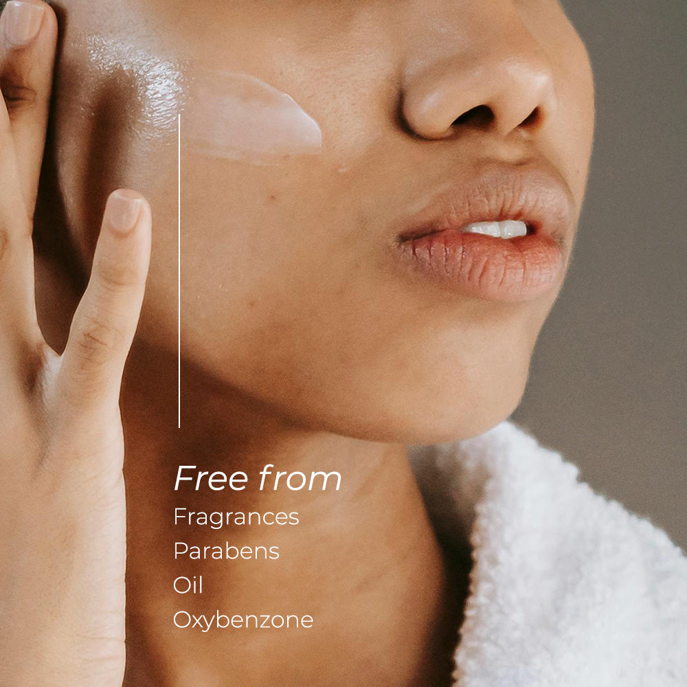 EltaMD UV Clear SPF 46 facial sunscreen, shown as a clear gel on skin with fragrance-free, paraben-free, oil-free formula