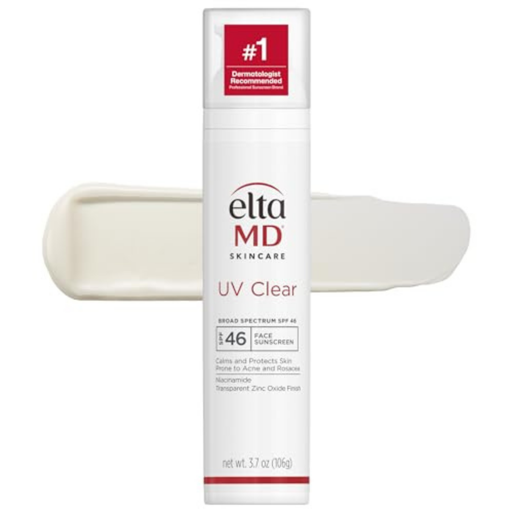 EltaMD UV Clear SPF 46 facial sunscreen in a white pump bottle with red label and cream swatch