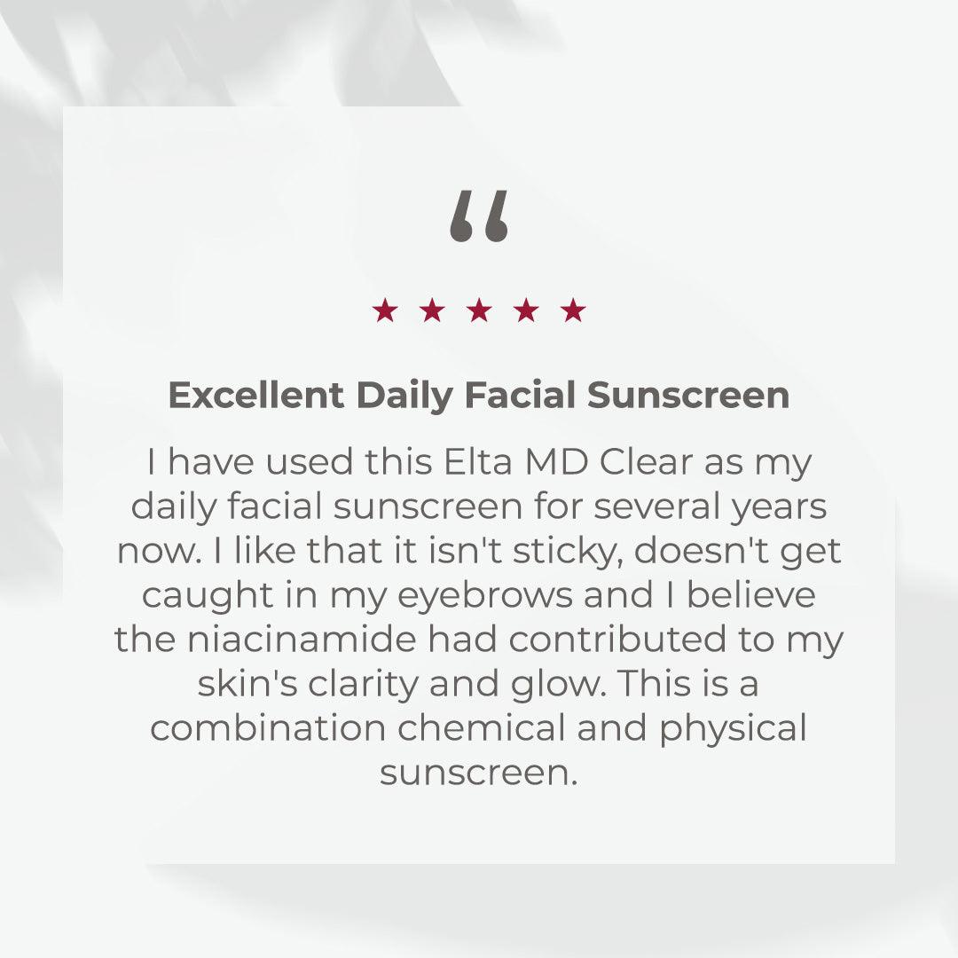 EltaMD UV Clear SPF 46 five-star customer review highlighting daily facial sunscreen use and niacinamide benefits