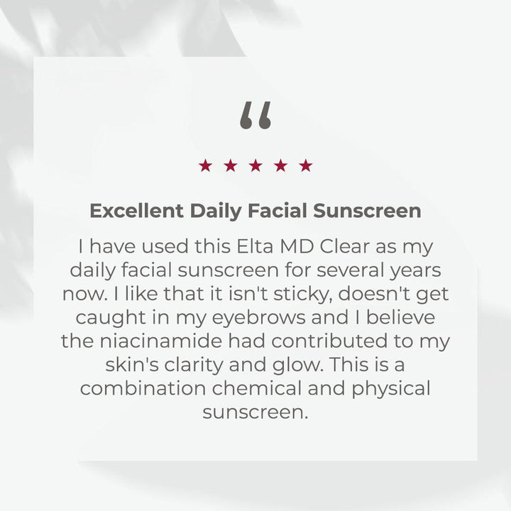 EltaMD UV Clear SPF 46 five-star customer review highlighting daily facial sunscreen use and niacinamide benefits