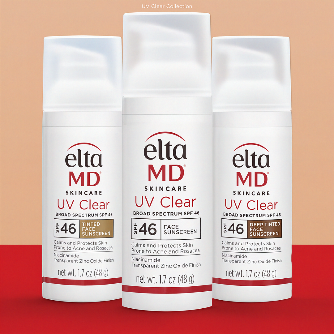EltaMD UV Clear SPF 46 tinted facial sunscreen bottles with white packaging, red accents, and pump tops