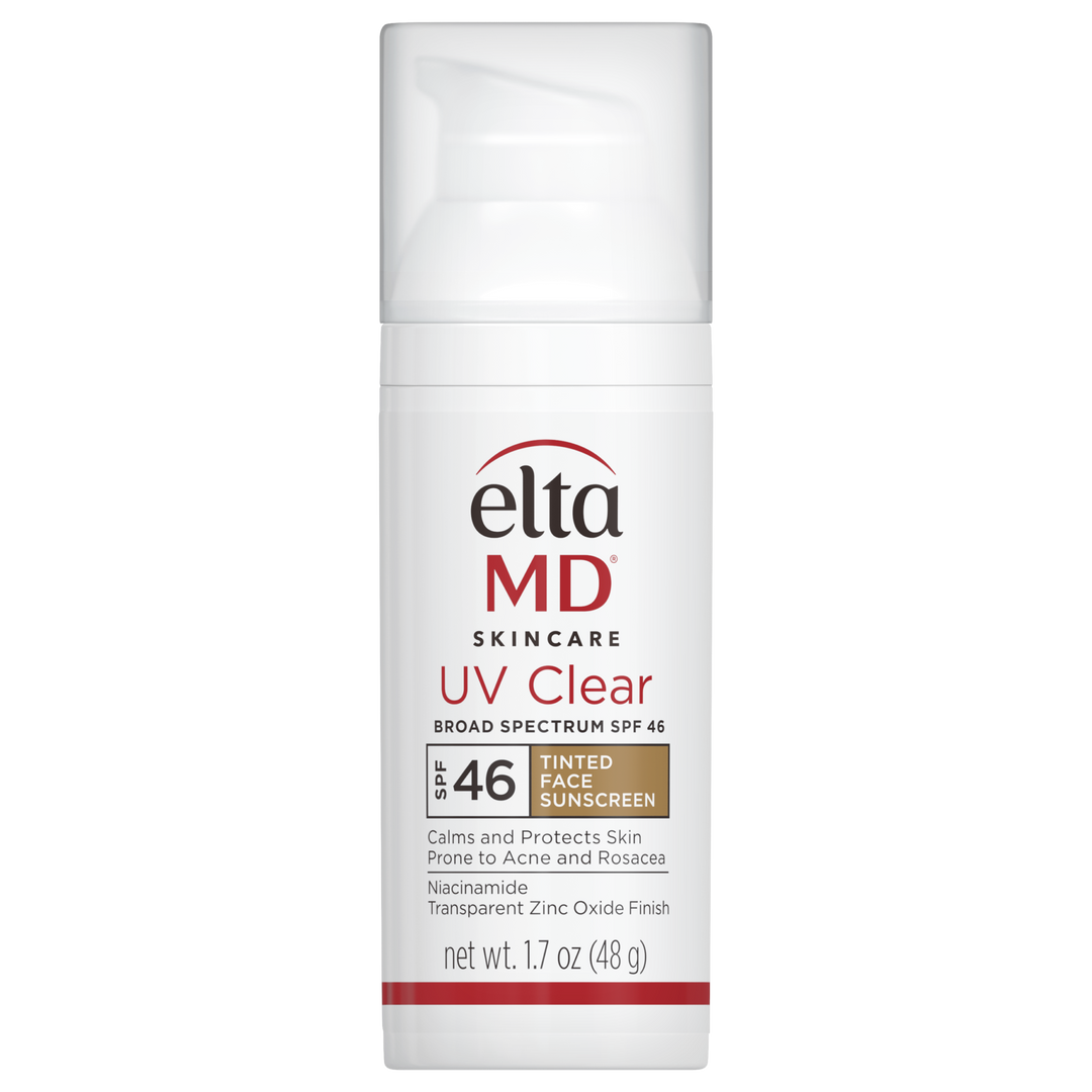 EltaMD UV Clear SPF 46 tinted facial sunscreen in a white pump bottle with red and gold label