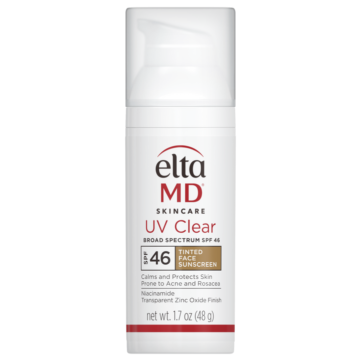 EltaMD UV Clear SPF 46 tinted facial sunscreen in a white pump bottle with red and gold label