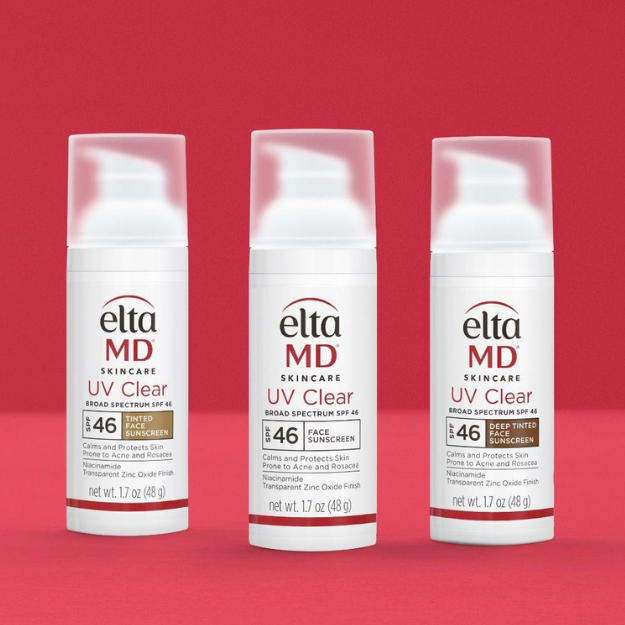 EltaMD UV Clear SPF 46 tinted facial sunscreen bottles, white packaging with red labels and pump tops