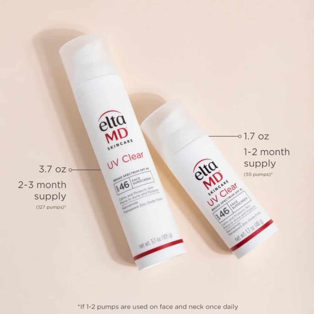 EltaMD UV Clear SPF 46 facial sunscreen in white pump bottles, shown in 3.7 oz and 1.7 oz sizes