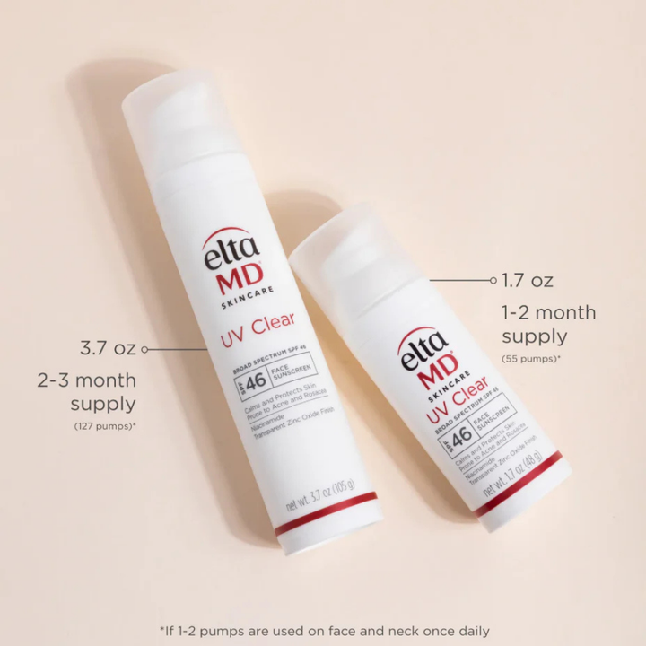 EltaMD UV Clear SPF 46 facial sunscreen in white pump bottles, shown in 3.7 oz and 1.7 oz sizes