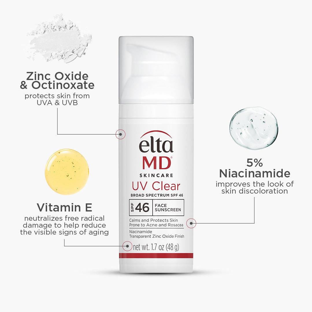 EltaMD UV Clear SPF 46 facial sunscreen in a white pump bottle with red label and ingredient callouts
