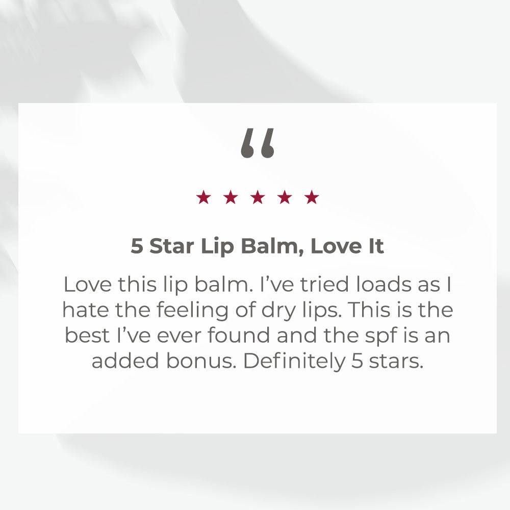 EltaMD UV Lipbalm customer review graphic with five red stars and praise for moisturising dry lips