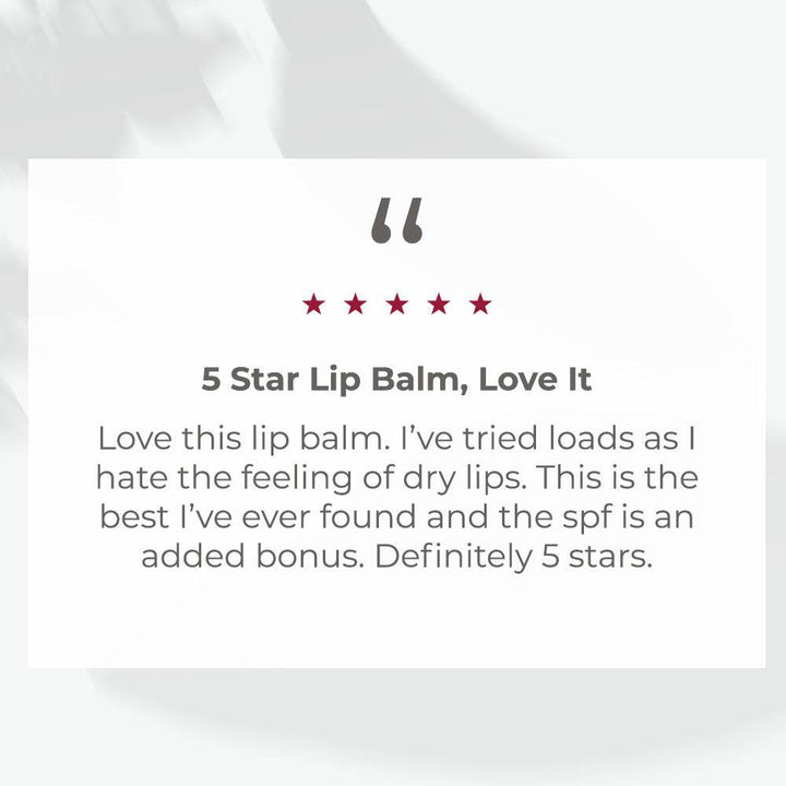 EltaMD UV Lipbalm customer review graphic with five red stars and praise for moisturising dry lips
