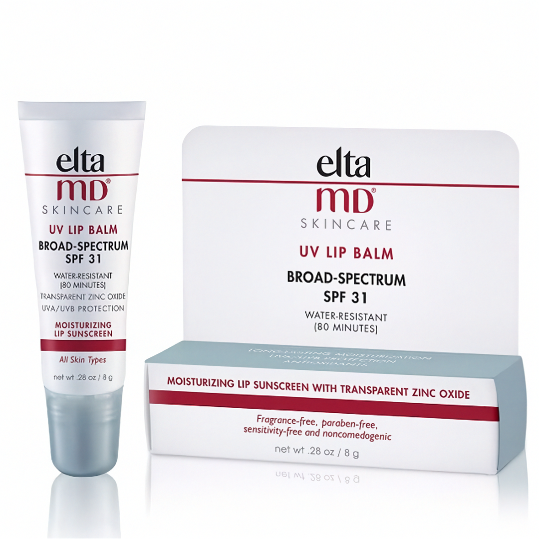 EltaMD UV Lipbalm sunscreen in a white tube and box with red branding, broad-spectrum SPF 31 and zinc oxide