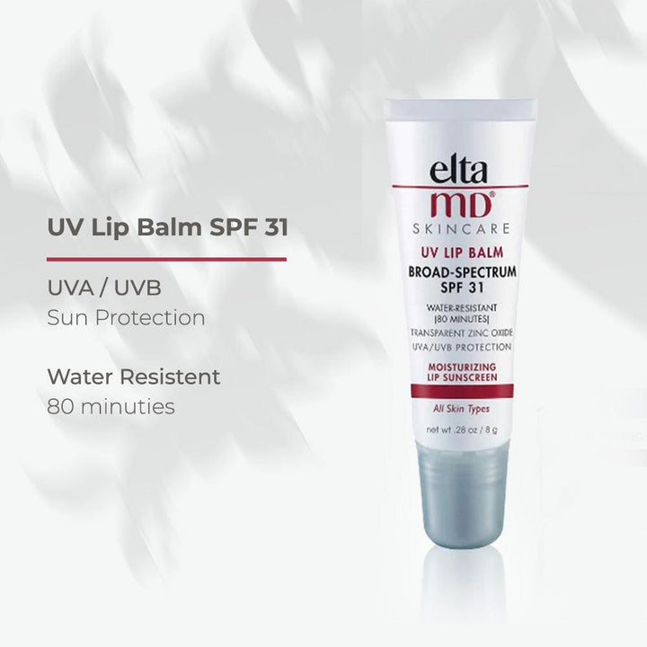 EltaMD UV Lipbalm SPF 31 in a white tube with red lettering and translucent blue cap