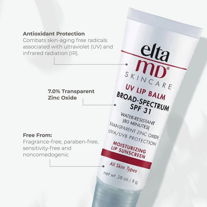 EltaMD UV Lipbalm SPF 31 lip balm in white tube with red lettering and clear cap