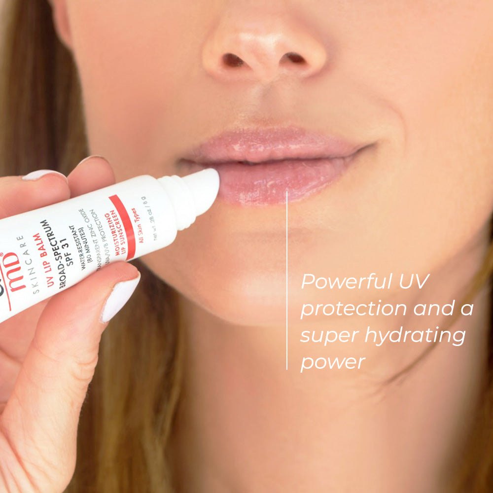 EltaMD UV Lipbalm white moisturizing lip sunscreen tube with SPF 36 applied to lips
