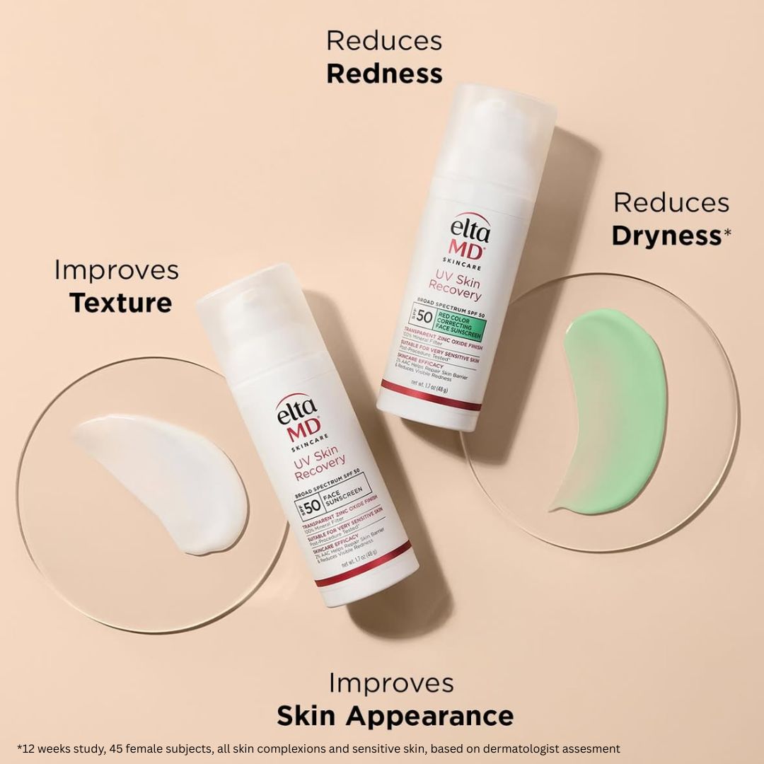 EltaMD UV Skin Recovery SPF 50 mineral sunscreen in white pump bottles with green-tinted and white formulas