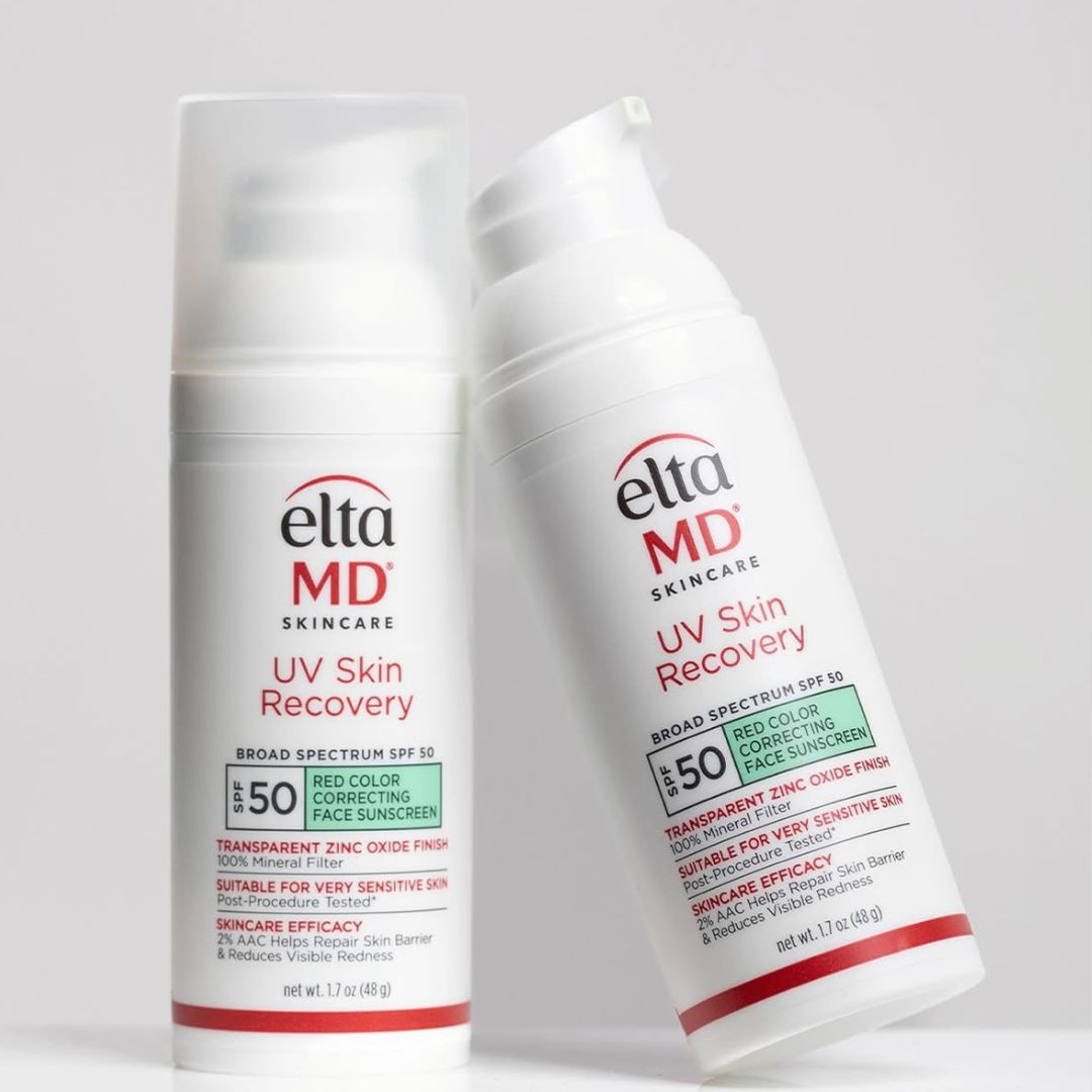 EltaMD UV Skin Recovery SPF 50 mineral face sunscreen in white pump bottles with red and black labeling