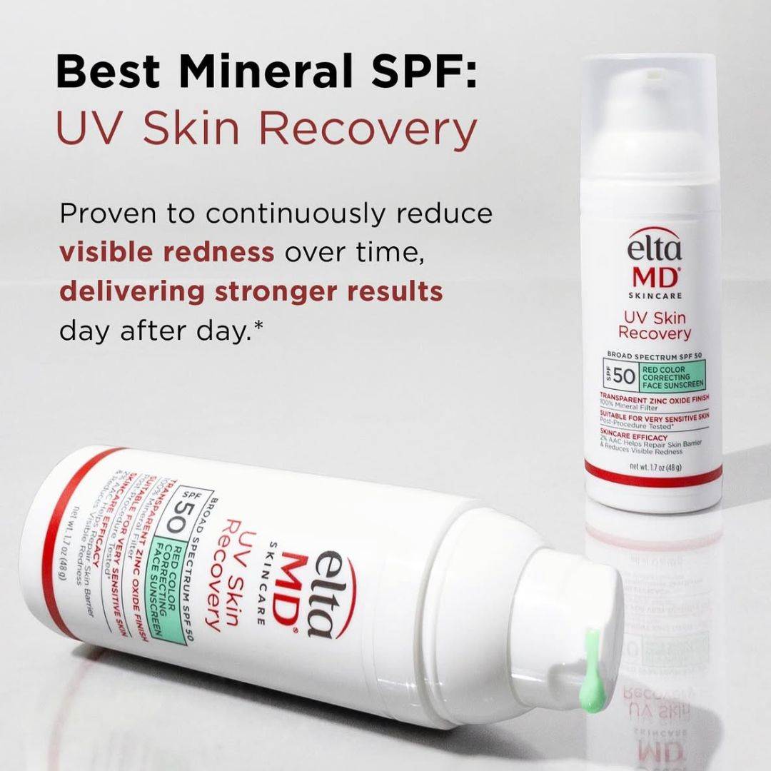 EltaMD UV Skin Recovery SPF 50 mineral sunscreen in white pump bottles with red and green label accents
