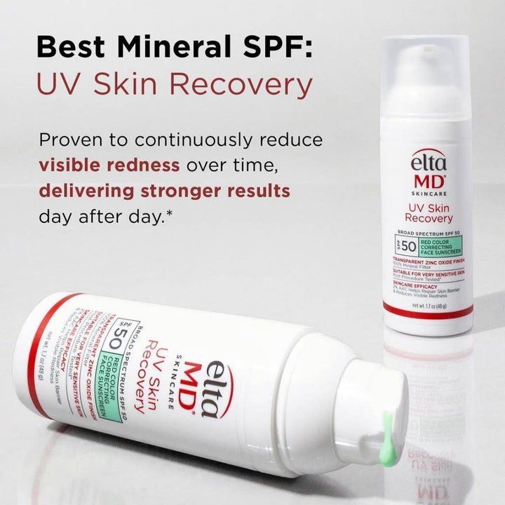 EltaMD UV Skin Recovery SPF 50 mineral sunscreen in white pump bottles with red and green label accents