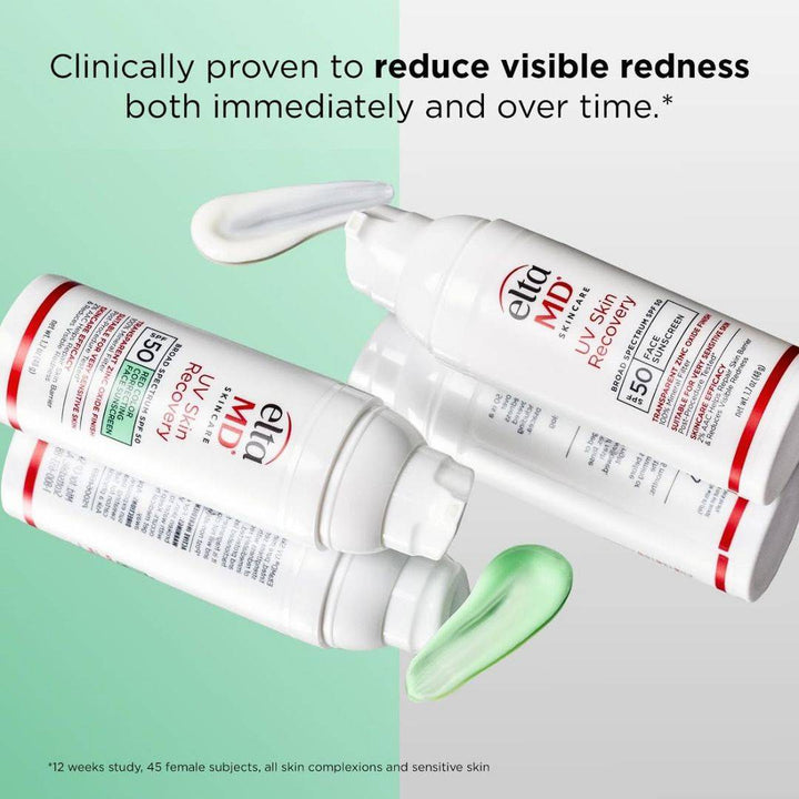 EltaMD UV Skin Recovery SPF 50 mineral sunscreen bottles with white pumps and green tinted cream