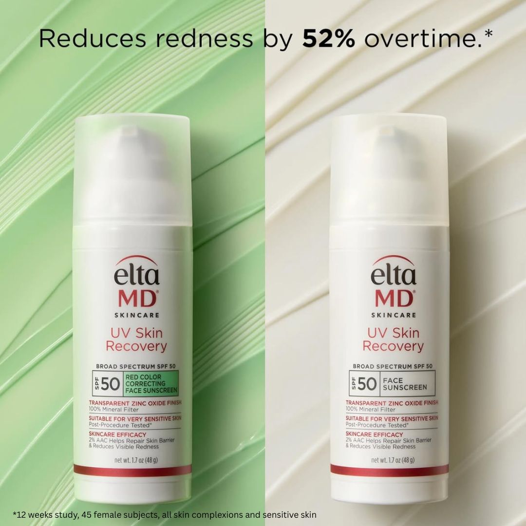 EltaMD UV Skin Recovery SPF 50 red colour correcting face sunscreen in a white pump bottle