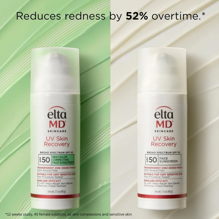 EltaMD UV Skin Recovery SPF 50 red colour correcting face sunscreen in a white pump bottle