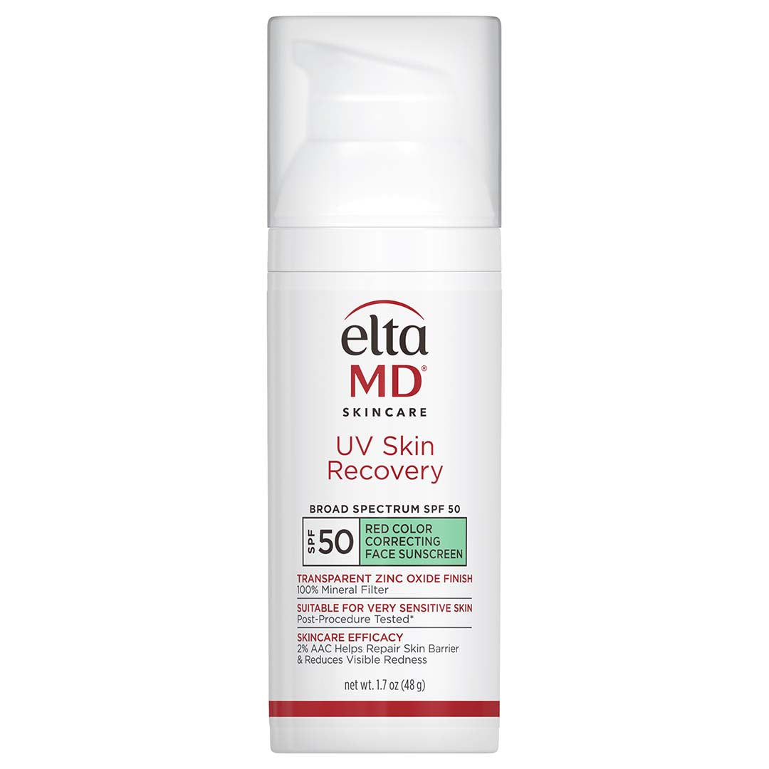 EltaMD UV Skin Recovery SPF 50 red colour correcting face sunscreen in a white pump bottle