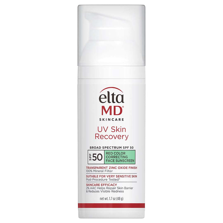 EltaMD UV Skin Recovery SPF 50 red colour correcting face sunscreen in a white pump bottle