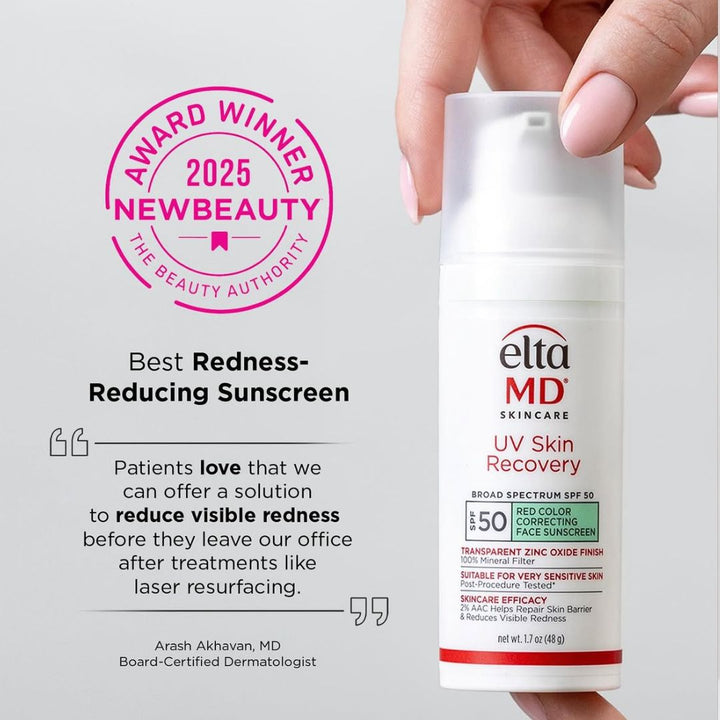 EltaMD UV Skin Recovery SPF 50 white pump bottle with red label and visible red colour correcting face sunscreen text