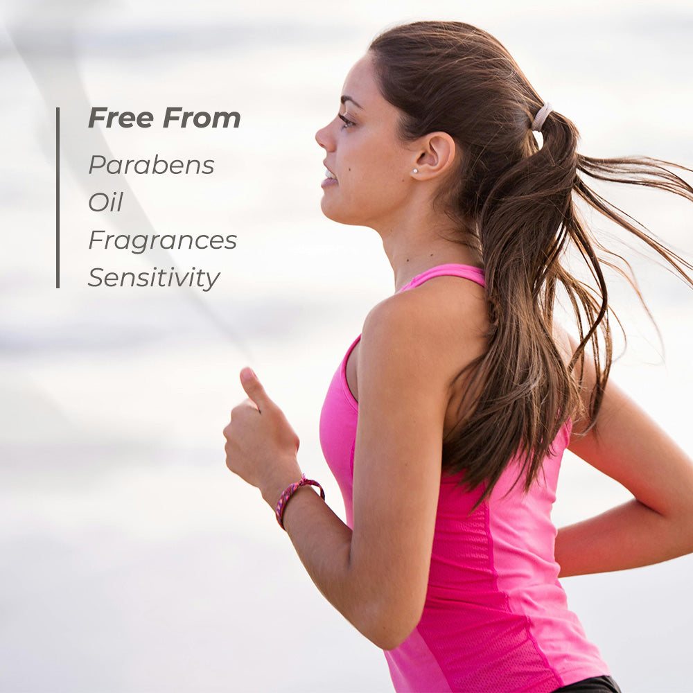 EltaMD UV Sport sunscreen for active use, represented by a female runner in a bright pink athletic top