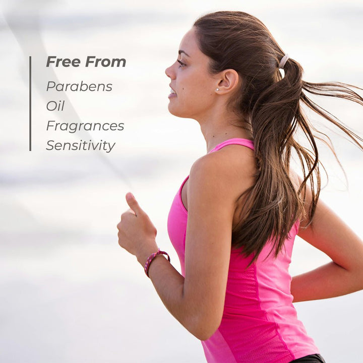 EltaMD UV Sport sunscreen for active use, represented by a female runner in a bright pink athletic top