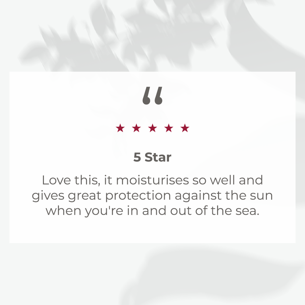 EltaMD UV Sport customer review graphic with five red stars praising moisturising sun protection in and out of the sea
