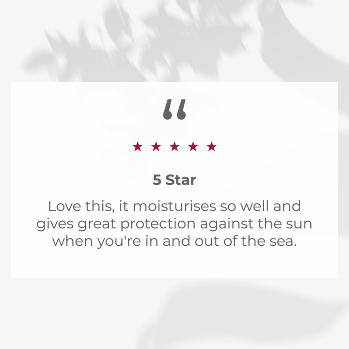 EltaMD UV Sport customer review graphic with five red stars praising moisturising sun protection in and out of the sea