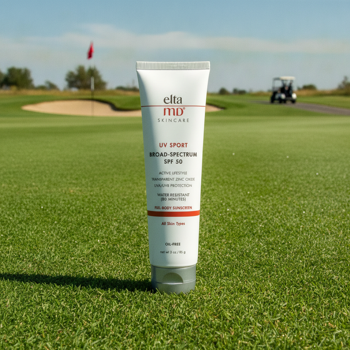 EltaMD UV Sport sunscreen tube, white and silver, with SPF 50 broad-spectrum and water-resistant labeling