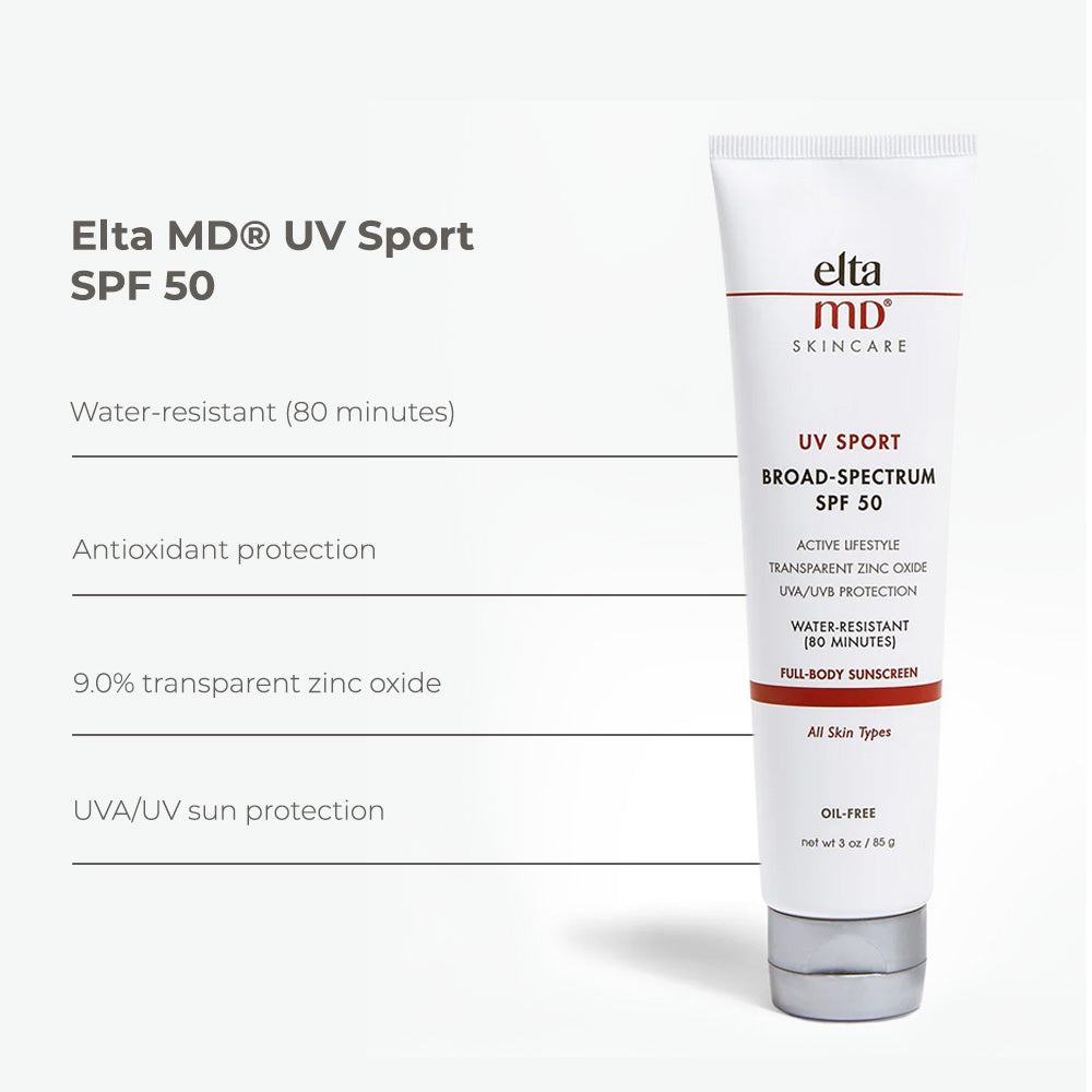 EltaMD UV Sport sunscreen tube in white with red accents, SPF 50 broad-spectrum water-resistant formula