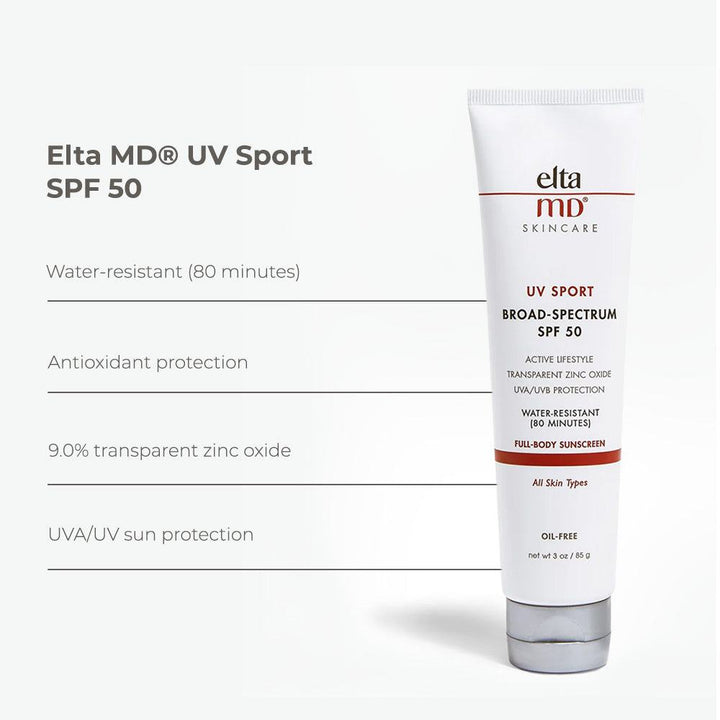 EltaMD UV Sport sunscreen tube in white with red accents, SPF 50 broad-spectrum water-resistant formula