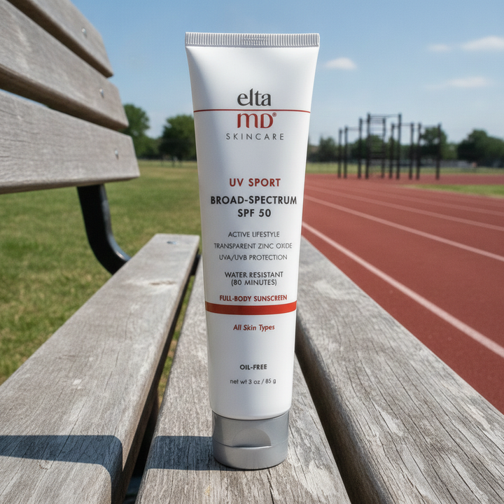 EltaMD UV Sport sunscreen tube in white, featuring broad-spectrum SPF 50 and water-resistant full-body protection