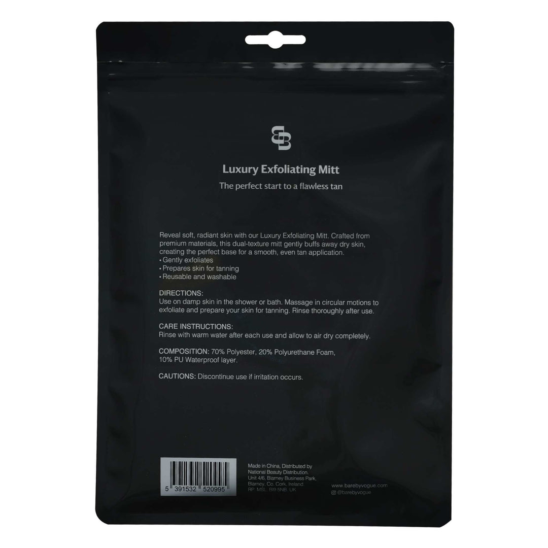 Exfoliating Mitt in black packaging, dual-textured design with built-in thumb feature for skin preparation