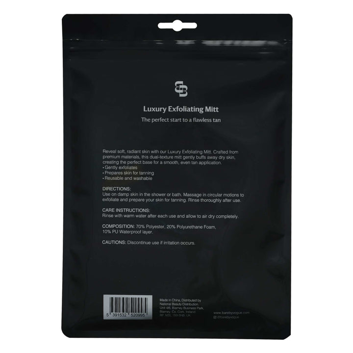 Exfoliating Mitt in black packaging, dual-textured design with built-in thumb feature for skin preparation