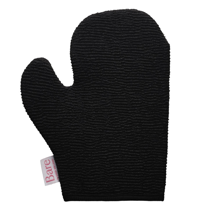 Exfoliating Mitt in black textured fabric with a built-in thumb and Bare by Vogue tag