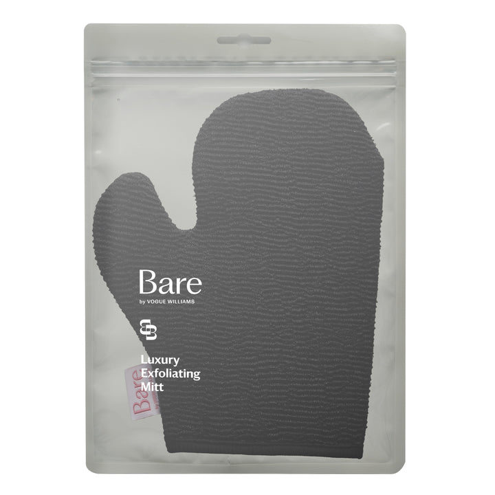 Exfoliating Mitt in dark grey textured material with built-in thumb, packaged in a clear pouch