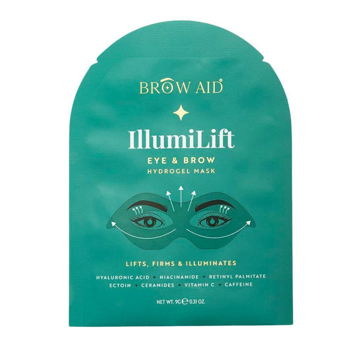 Eye Care Bundle featuring a teal Brow Aid IllumiLift eye and brow hydrogel mask with illustrated eye treatment design