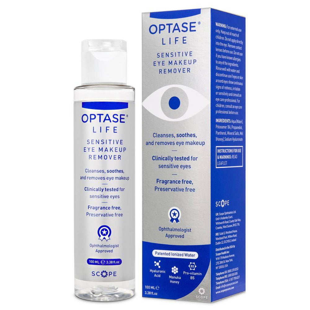 Eye Care Bundle featuring Optase Life Sensitive Eye Makeup Remover in a clear bottle and blue-white box