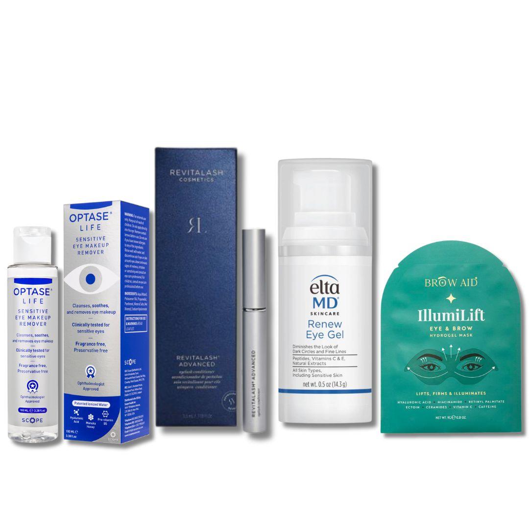 Eye Care Bundle with Optase eye makeup remover, RevitaLash lash serum, EltaMD eye gel and Brow Aid hydrogel mask